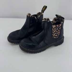 Doc Martens Girls Black Leopard Booties Faux Fur Leonore Ankle Boots Size 1